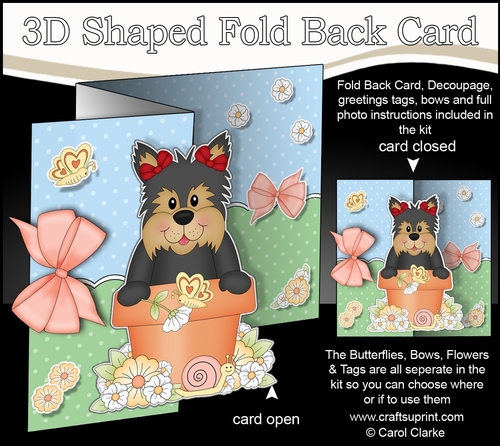 3D Shaped No-Hole Fold Back Card Kit - Flowerpot Friends - Little Yorkie Dog Poppy