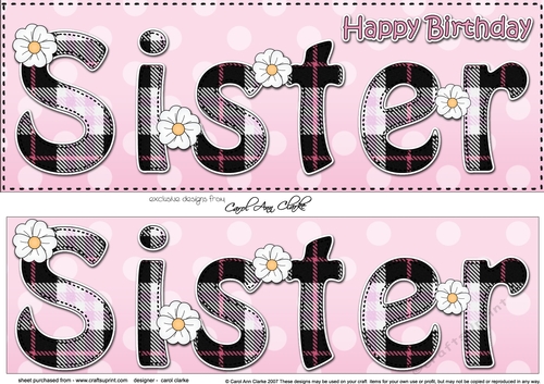 Large DL Happy Birthday SISTER 3D decoupage with Tartan