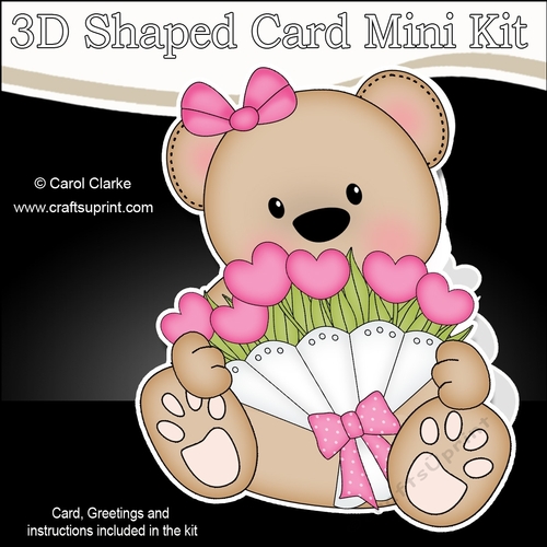 3D Shaped Card  Kit - Cute Little Mothers Day Bear has a Bouquet of Roses