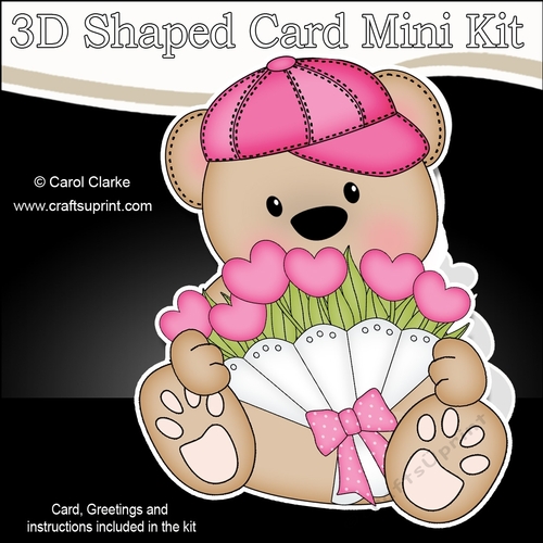3D Shaped Card  Kit - Cute Little Mothers Day Bear has a Bouquet of Roses