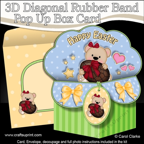3D Diagonal Rubber Band Pop Up Box Card Kit - Cute Teddy Bear has an Easter Egg
