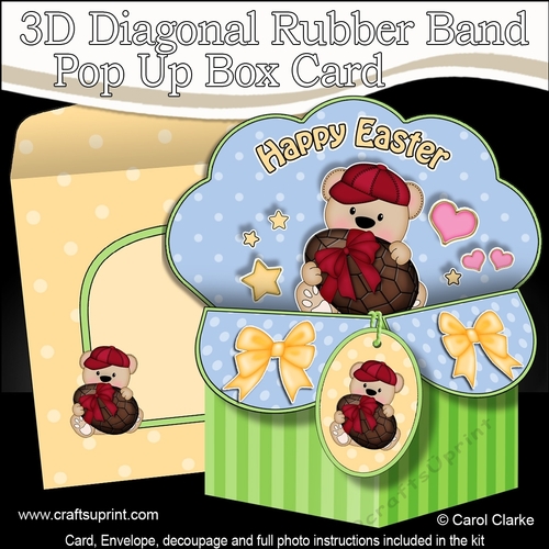 3D Diagonal Rubber Band Pop Up Box Card Kit - Cute Teddy Bear has an Easter Egg