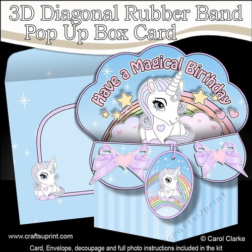 3D Diagonal Rubber Band Pop Up Box Card Kit - Cute Little Baby Unicorn Magic