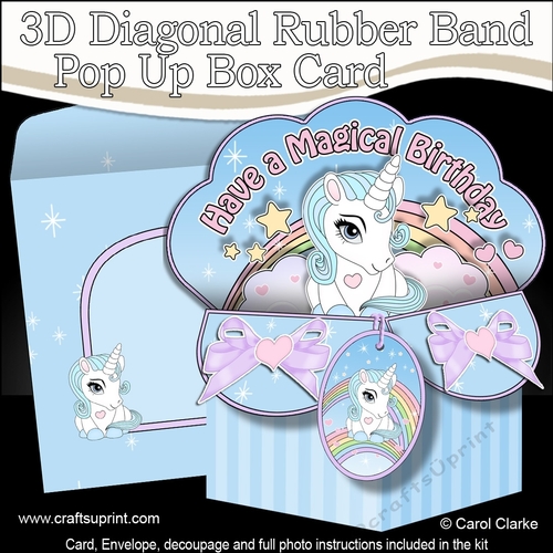 3D Diagonal Rubber Band Pop Up Box Card Kit - Cute Little Baby Unicorn Blueberry