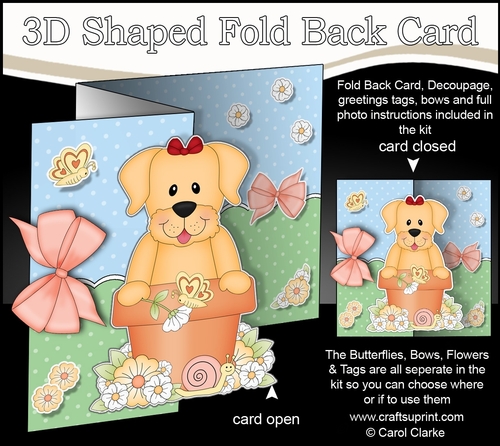 3D Shaped No-Hole Fold Back Card Kit - Flowerpot Friends - Little Golden Labrador Dog Saki