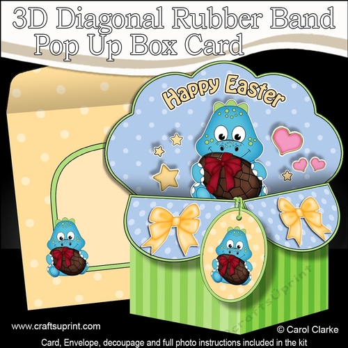 3D Diagonal Rubber Band Pop Up Box Card Kit - Cute Little Dino has an Easter Egg