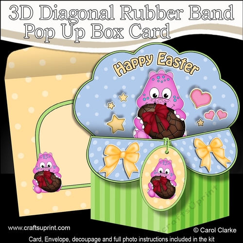 3D Diagonal Rubber Band Pop Up Box Card Kit - Cute Little Dino has an Easter Egg