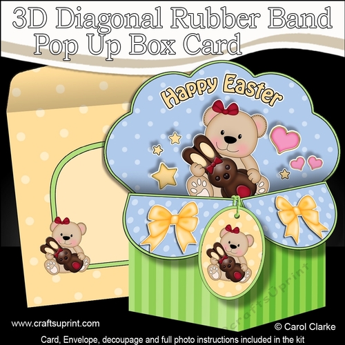 3D Diagonal Rubber Band Pop Up Box Card Kit - Cute Teddy Bear has a Chocolate Easter Bunny