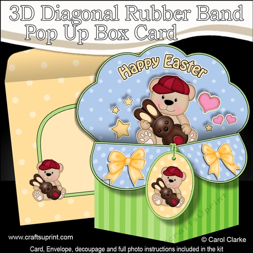 3D Diagonal Rubber Band Pop Up Box Card Kit - Cute Teddy Bear has a Chocolate Easter Bunny