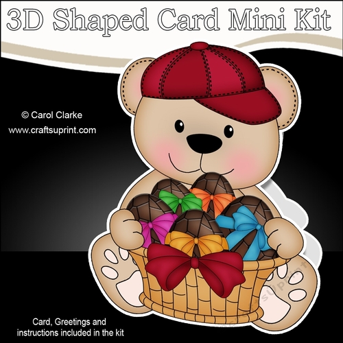 3D Shaped Card Mini Kit - Teddy Bear has a Basket of Easter Eggs