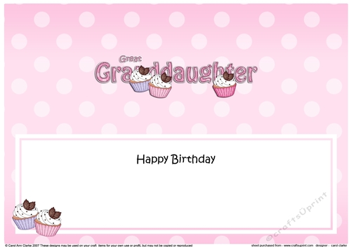 Large DL Happy Birthday GREAT GRANDDAUGHTER insert with Cupcakes