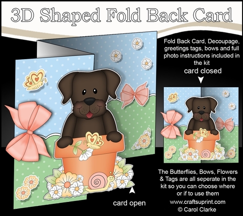 3D Shaped No-Hole Fold Back Card Kit - Flowerpot Friends - Little Chocolate Labrador Dog Chip