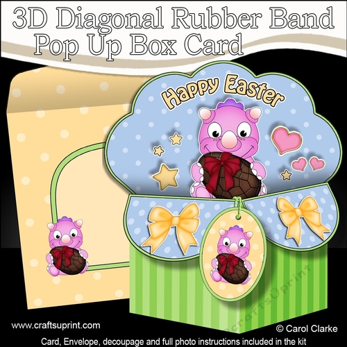 3D Diagonal Rubber Band Pop Up Box Card Kit - Cute Little Dino has an Easter Egg