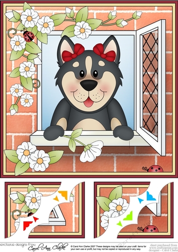 8 x 8 Scalloped Corner Topper - Through the Window - Husky Dog