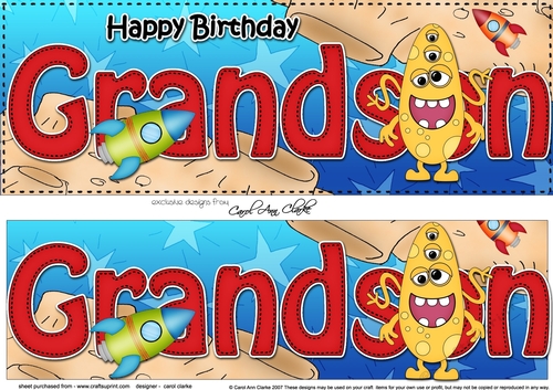 Large DL Happy Birthday GRANDSON 3D decoupage with cute Alien