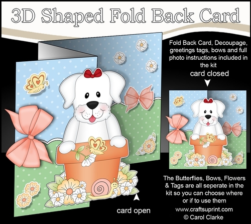 3D Shaped No-Hole Fold Back Card Kit - Flowerpot Friends - Little White Labrador Dog Dinky