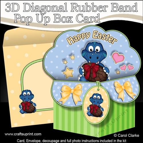 3D Diagonal Rubber Band Pop Up Box Card Kit - Cute Little Dino has an Easter Egg