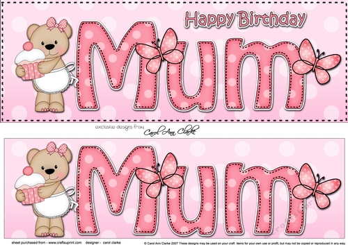 Large DL Happy Birthday MUM 3D decoupage with Livvy Bear