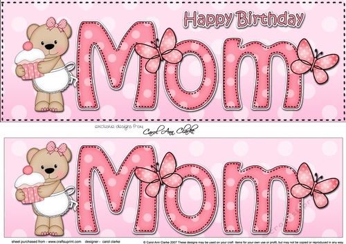 Large DL Happy Birthday MOM 3D decoupage with Livvy Bear