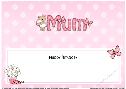 Large DL Happy Birthday MUM insert with Livvy Bear