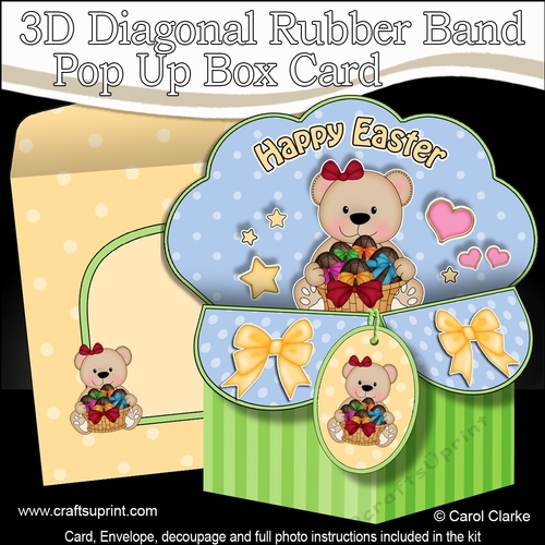 3D Diagonal Rubber Band Pop Up Box Card Kit - Cute Teddy Bear has a Basket of Easter Eggs