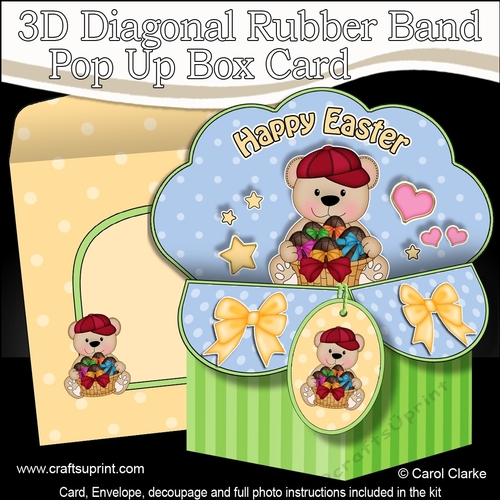 3D Diagonal Rubber Band Pop Up Box Card Kit - Cute Teddy Bear has a Basket of Easter Eggs