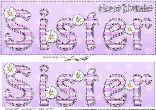 Large DL Happy Birthday SISTER 3D decoupage with Tartan