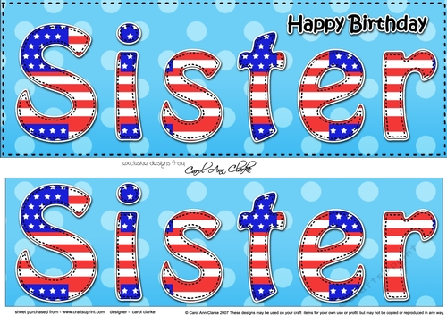 Large DL Happy Birthday SISTER 3D decoupage USA Stars & Stripes
