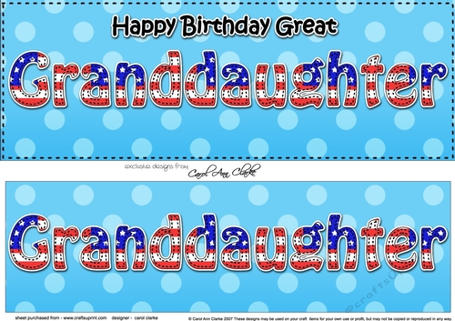 Large DL Happy Birthday GREAT GRANDDAUGHTER 3D decoupage USA Stars & Stripes
