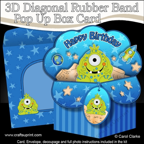 3D Diagonal Rubber Band Pop Up Box Card Kit -  Cute Little Alien