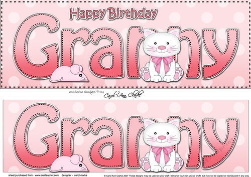 Large DL Happy Birthday GRANNY 3D decoupage with Cute Cat