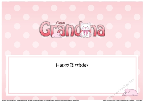 Large DL Happy Birthday GREAT GRANDMA insert with Cute Cat