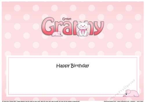 Large DL Happy Birthday GREAT GRANNY insert with Cute Cat