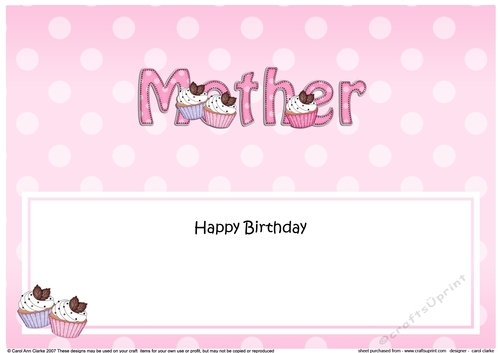 Large DL Happy Birthday MOTHER insert with Cupcakes