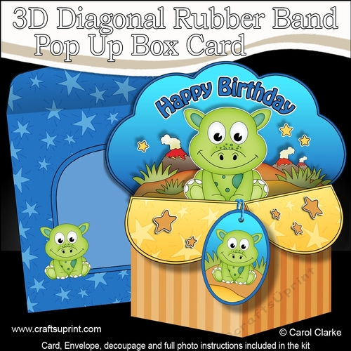 3D Diagonal Rubber Band Pop Up Box Card Kit - Cute Little Dinosaur