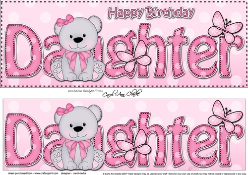 Large DL Happy Birthday DAUGHTER 3D decoupage with Livvy Bear