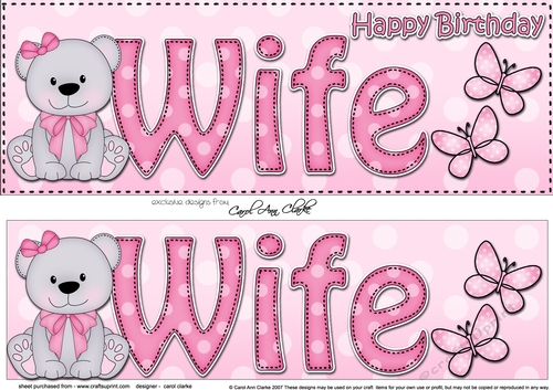 Large DL Happy Birthday WIFE 3D decoupage with Livvy Bear