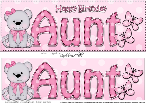 Large DL Happy Birthday AUNT 3D decoupage with Livvy Bear