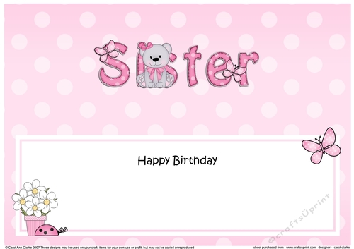 Large DL Happy Birthday SISTER insert with Livvy Bear