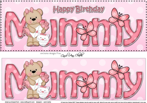 Large DL Happy Birthday MUMMY 3D decoupage with Livvy Bear