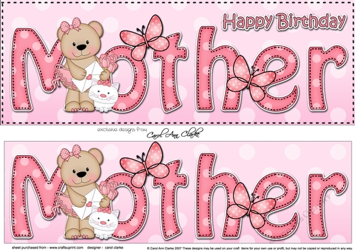 Large DL Happy Birthday MOTHER 3D decoupage with Livvy Bear