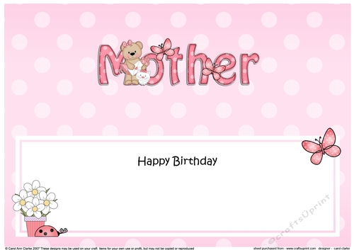Large DL Happy Birthday MOTHER insert with Livvy Bear