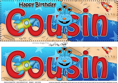 Large DL Happy Birthday COUSIN 3D decoupage with cute Alien