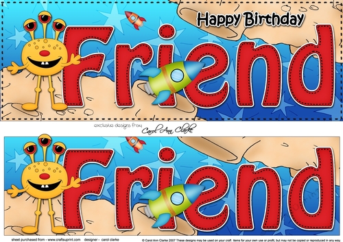 Large DL Happy Birthday FRIEND 3D decoupage with cute Alien