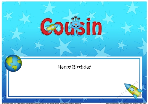 Large DL Happy Birthday COUSIN insert with cute Alien