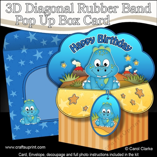 3D Diagonal Rubber Band Pop Up Box Card Kit - Cute Little Dinosaur