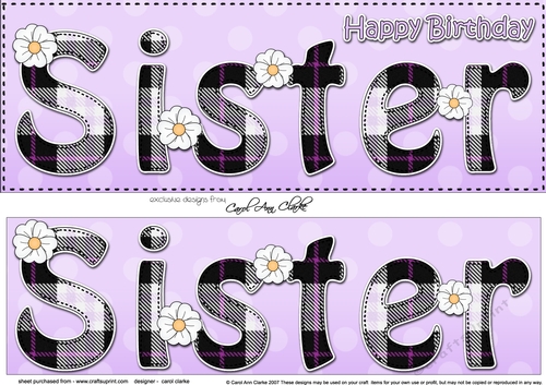 Large DL Happy Birthday SISTER 3D decoupage with Tartan