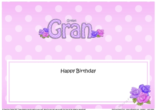 Large DL Happy Birthday GREAT GRAN insert with Roses