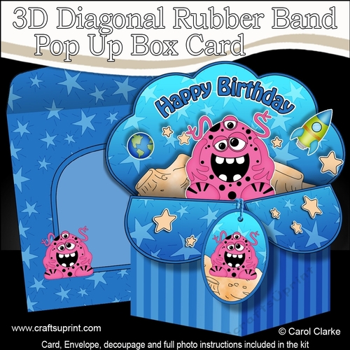 3D Diagonal Rubber Band Pop Up Box Card Kit -  Cute Little Alien