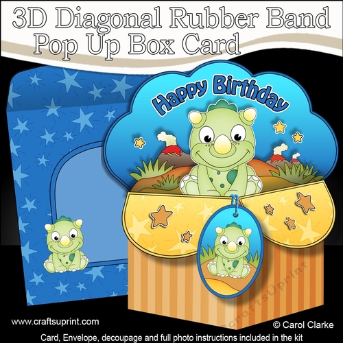 3D Diagonal Rubber Band Pop Up Box Card Kit - Cute Little Dinosaur